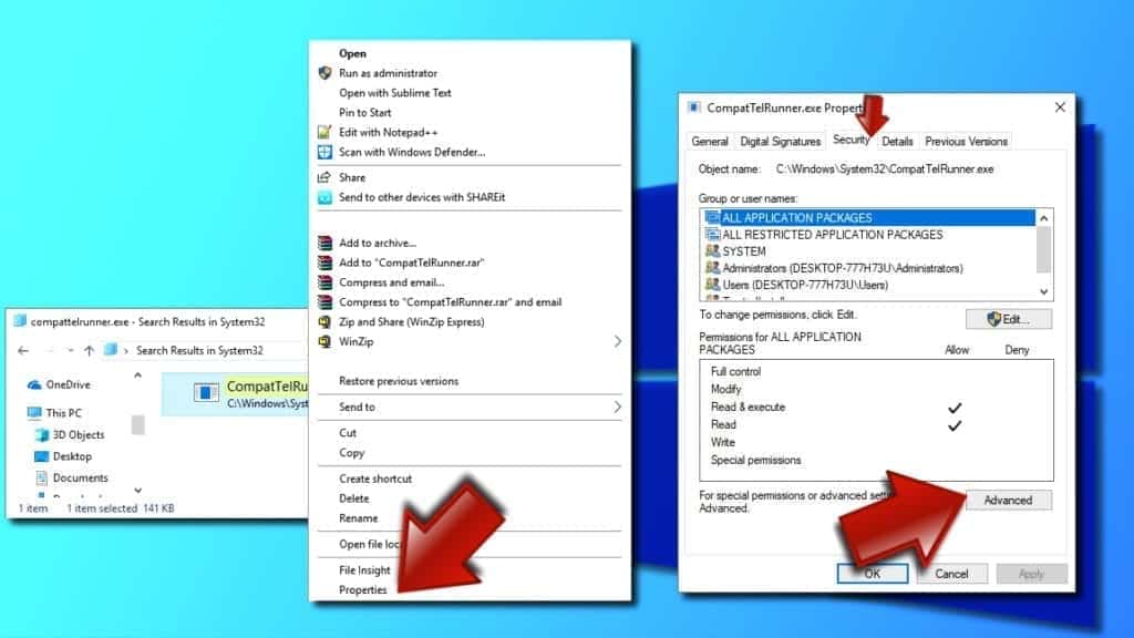 Open Security Tab and Advanced Settings for CompatTelRunner.exe file