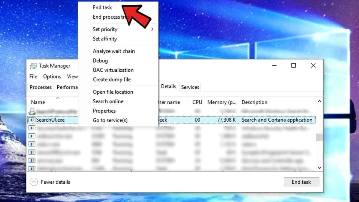 End SearchUI.exe to fix Windows search not working