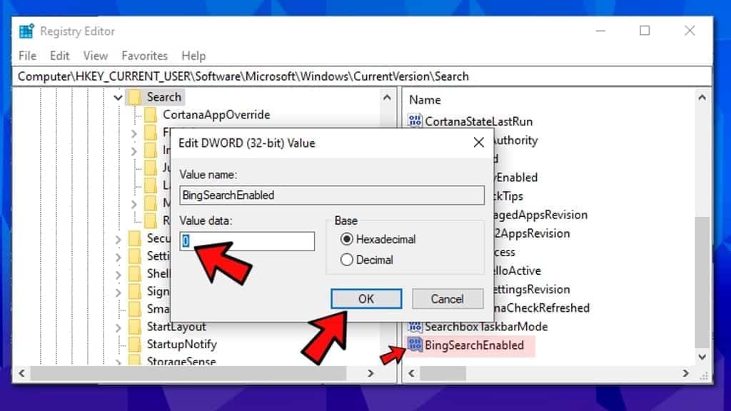 create a registry key to disable bing search implementation in windows