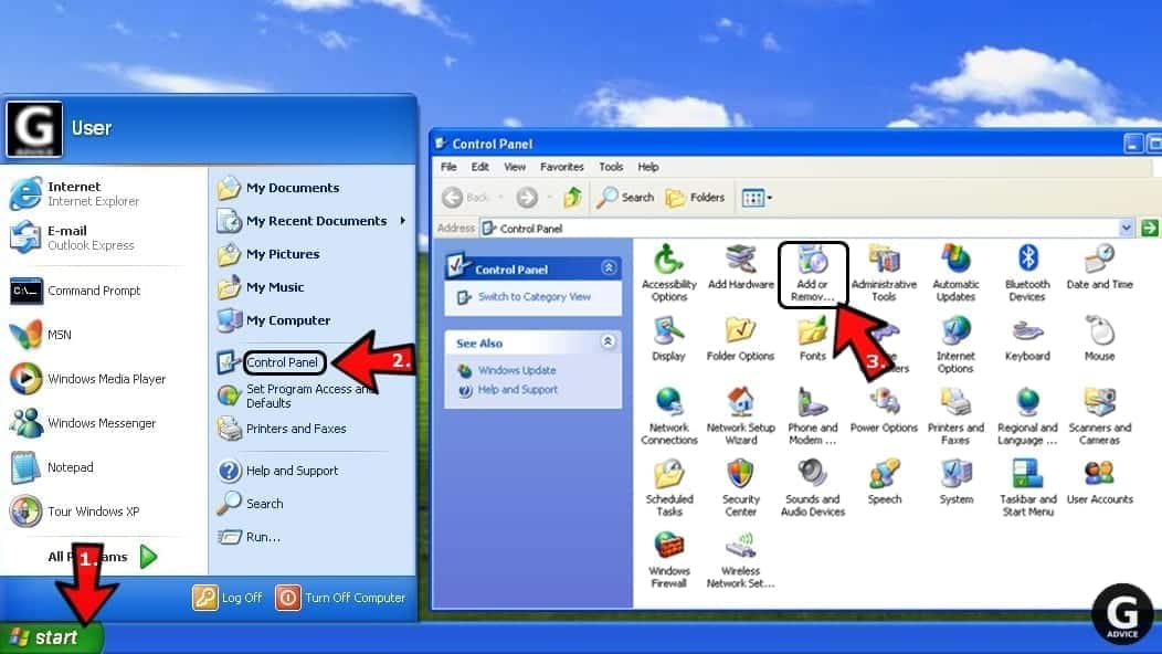windows XPでプログラムの追加と削除に到達する方法