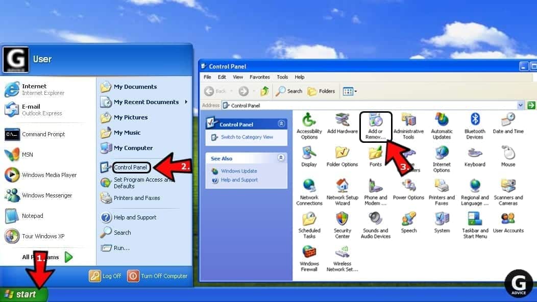 How to reach add or remove programs in Windows XP