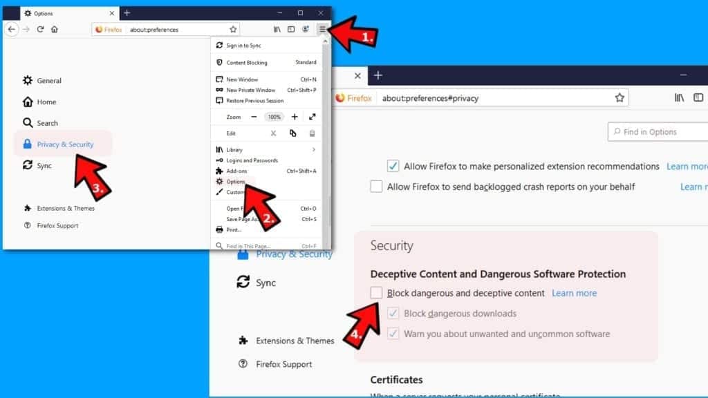 disabling deceptive content and dangerous software protection in mozilla firefox