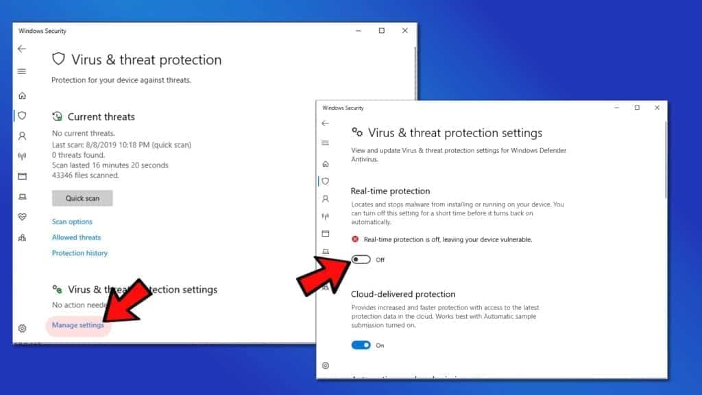 Turn off Windows Defender to fix Video Scheduler Internal Error