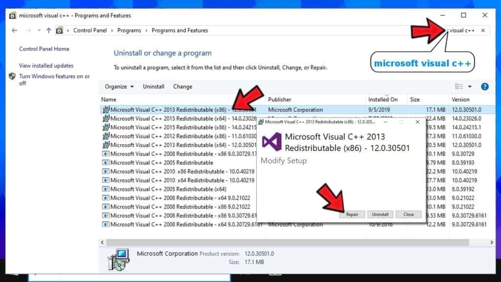 repair microsoft visual c++ redistributable packages to fix the application was unable to start correctly