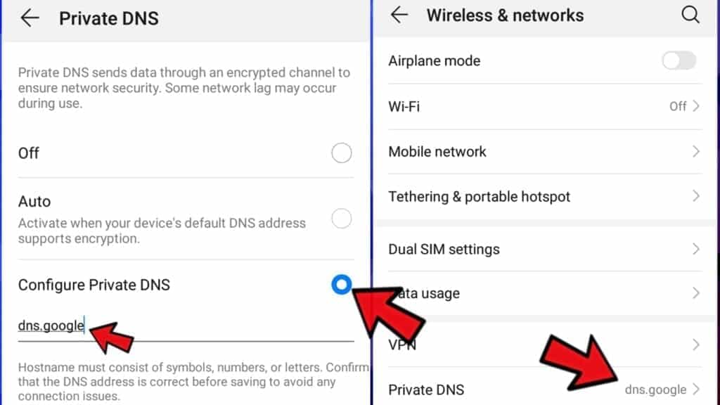 set android 9 or later dns settings to use google public dns