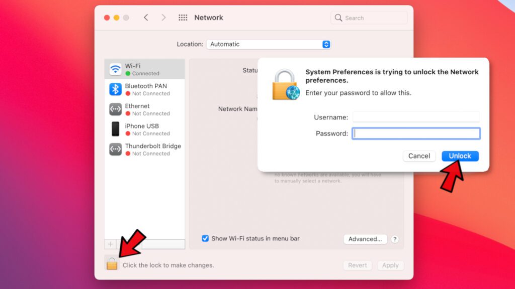 unlock mac network settings