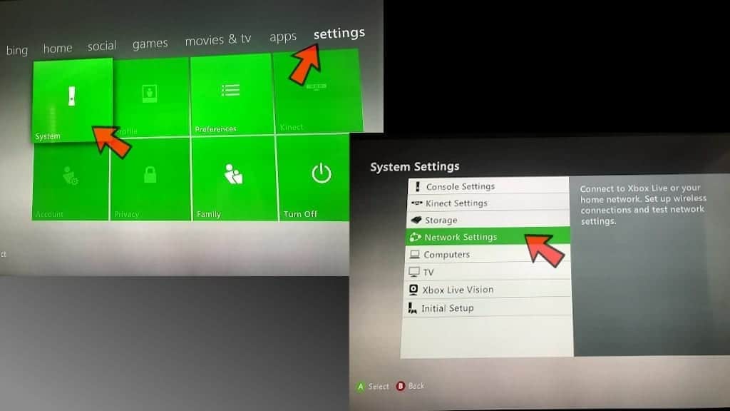 go to network settings on xbox 360