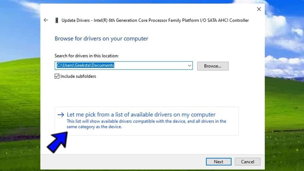 choose an option to pick from a list of available driver on my computer