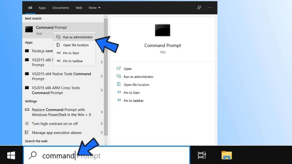 open command prompt as administrator to fix dns server not responding