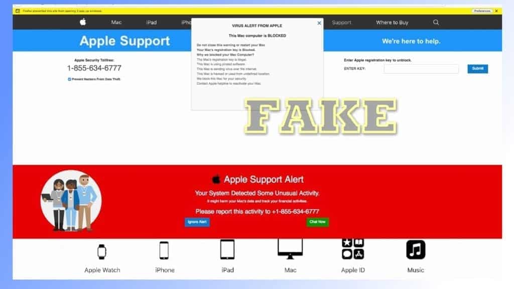 virus alert from apple this mac computer is blocked scam website screenshot