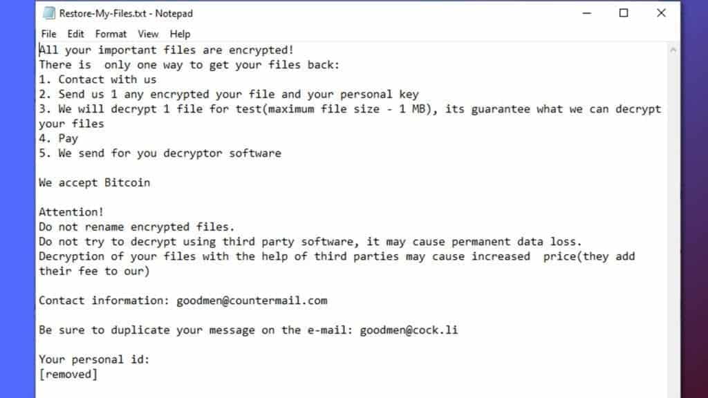 lockbit ransomware leaves restore-my-files.txt document on victims pc