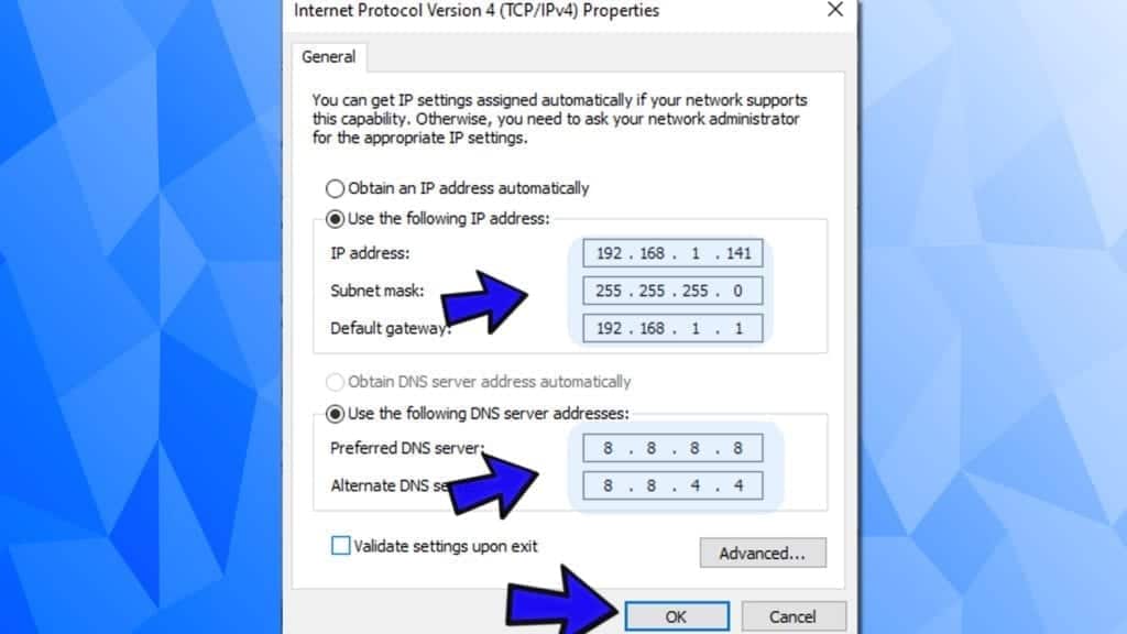 set ipv4 settings - ip and dns addressesmanually