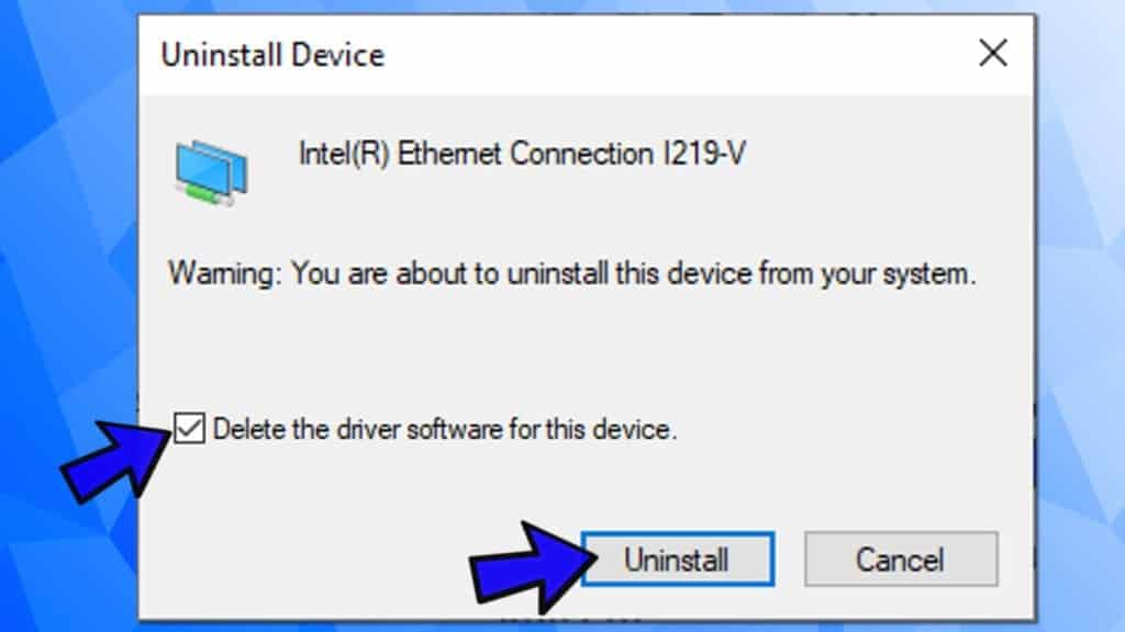 confirm to uninstall ethernet network adapter driver