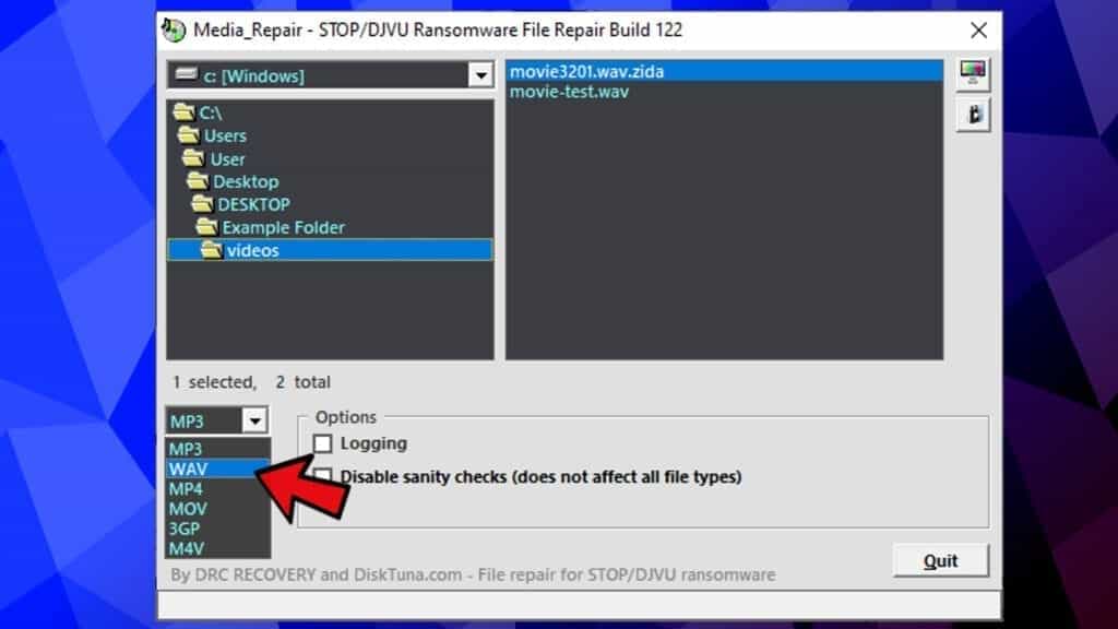 repair files locked by stop djvu using media repair by disktuna - select file type