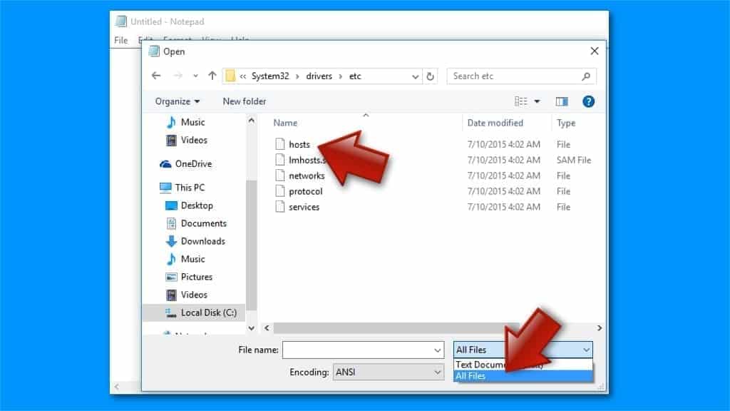 search for hosts file via notepad