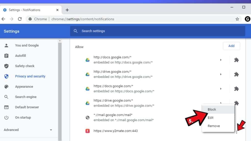 rimuovere le notifiche push da Google Chrome passo 5