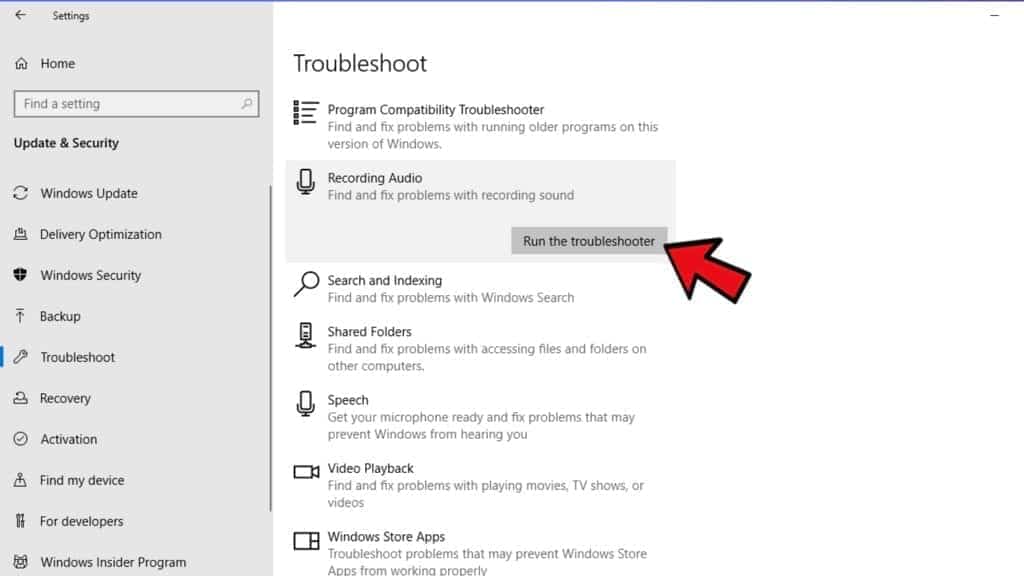 run recording audio troubleshooter to fix microphone problems