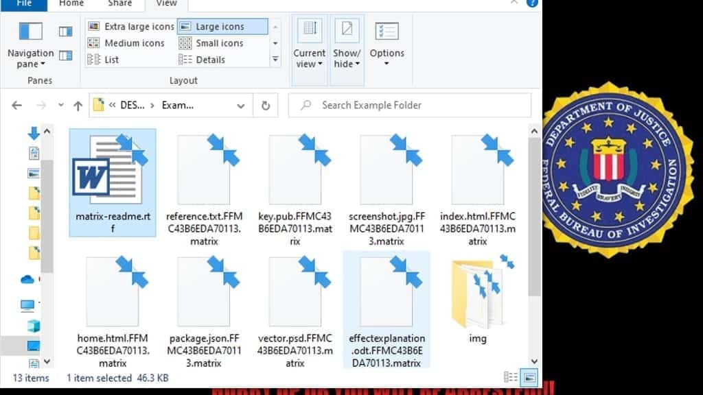matrix ransomware encrypts files on all folders (screenshot)