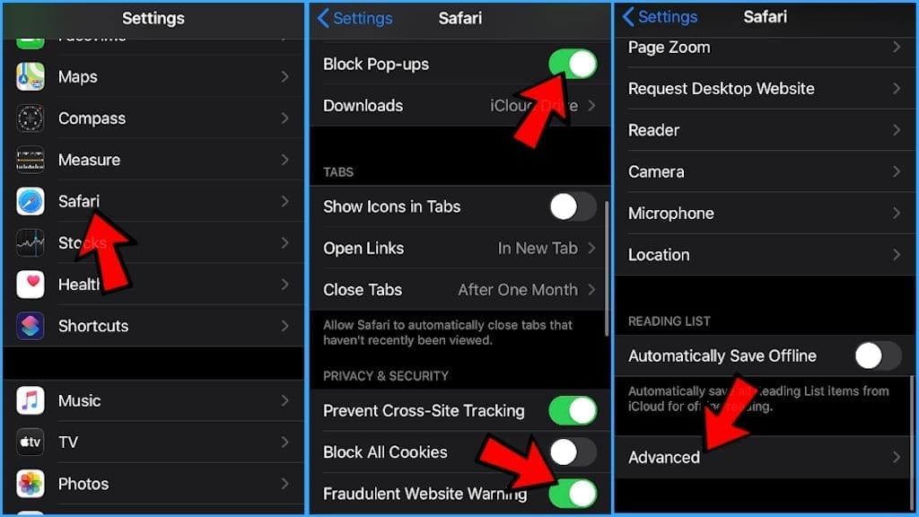 block pop-ups and enable fraudulent website warnings in iphone safari