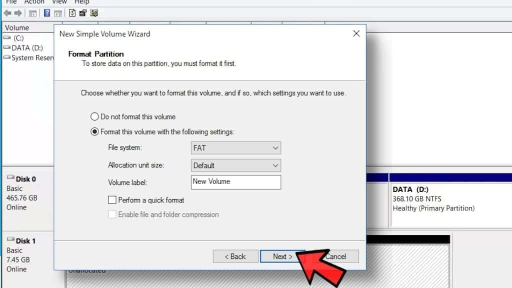 configure new simple volume options to fix windows was unable to complete the format error