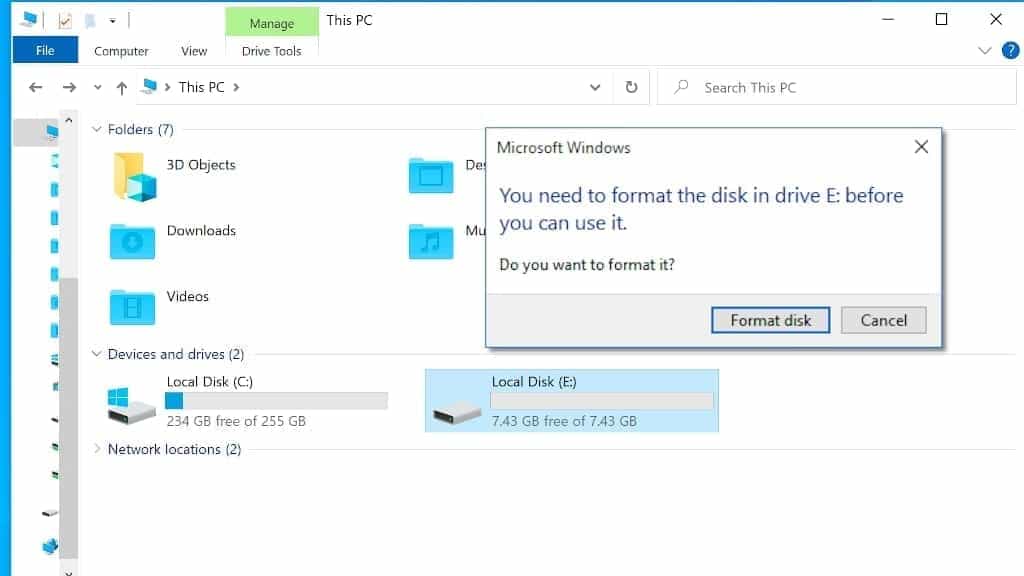 you need to format the disk in drive before you can use it. do you want to format it? prompt screenshot