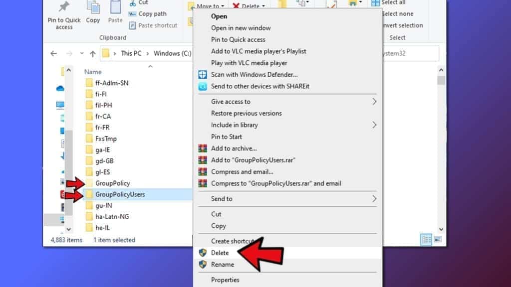 delete grouppolicy and grouppolicyusers folders from windows registry