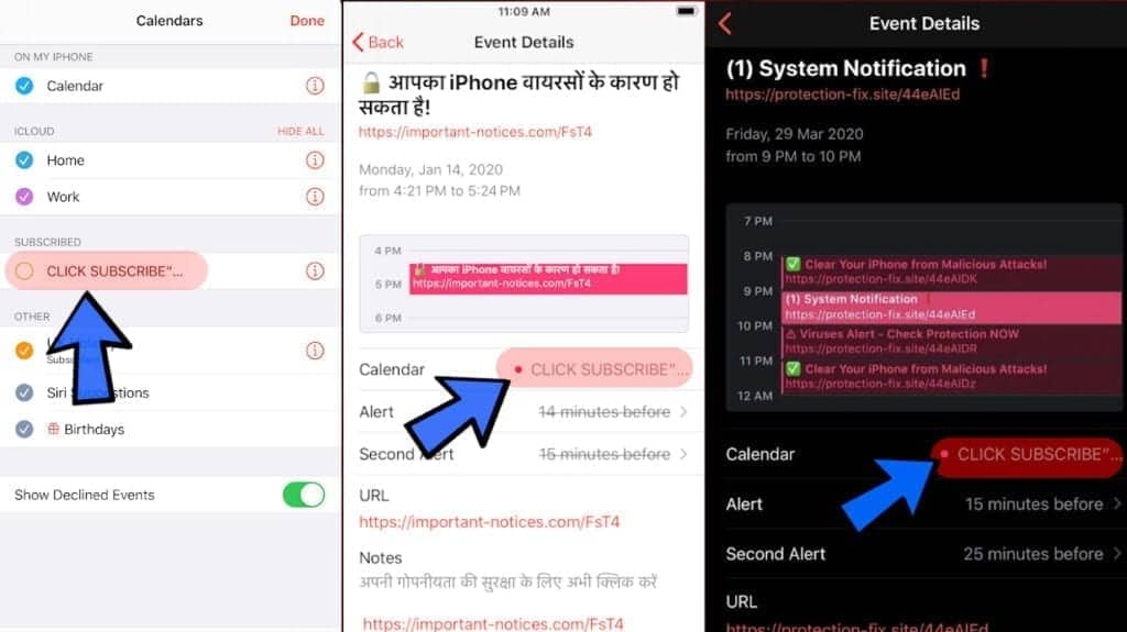 examples of iphone calendar virus called click subscribe