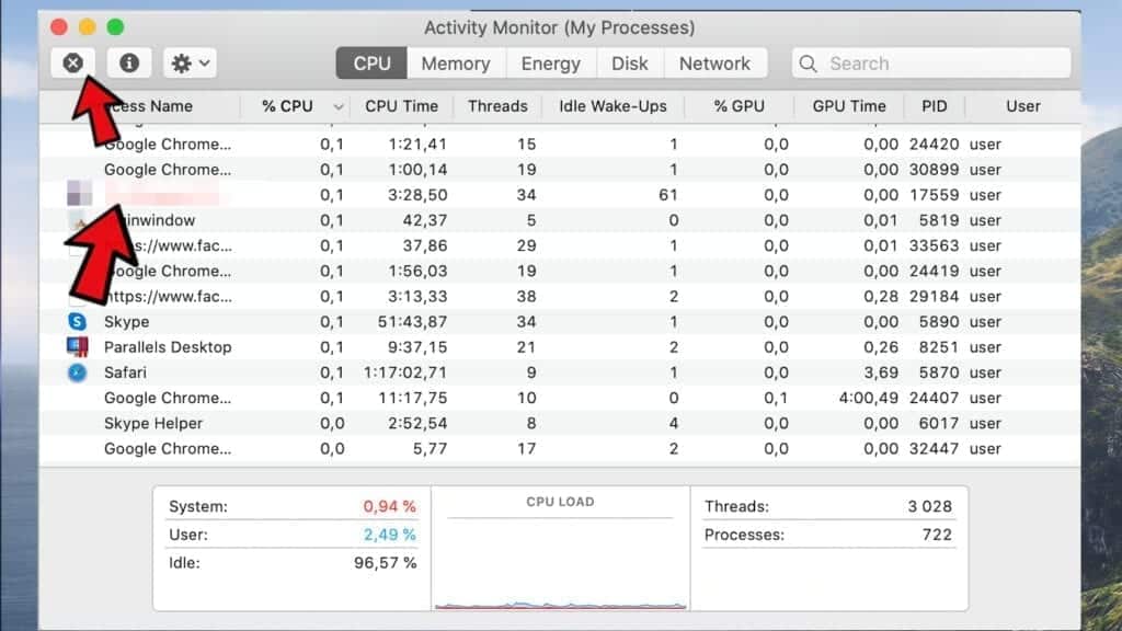 choose suspicious processes and stop them using activity monitor on mac