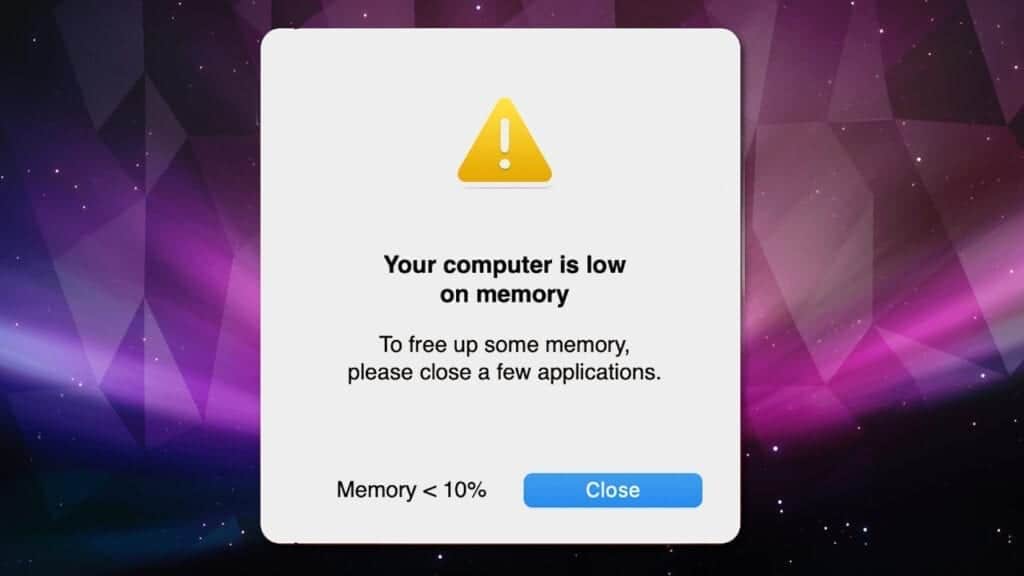 another example of your computer is low on memory warning on mac