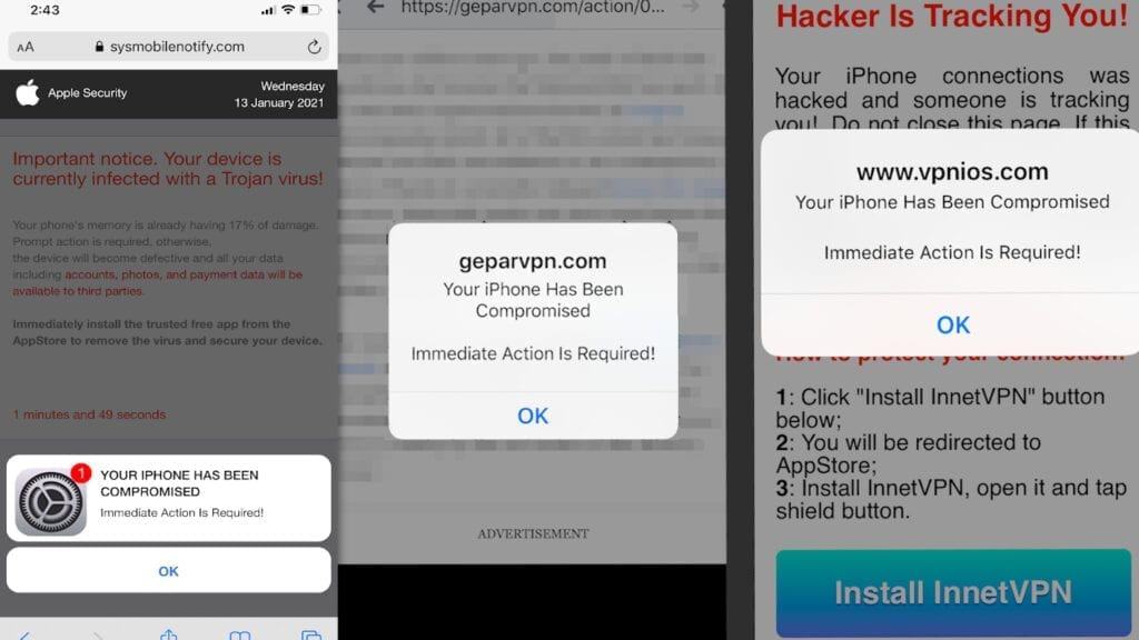 examples of your iphone has been compromised pop ups