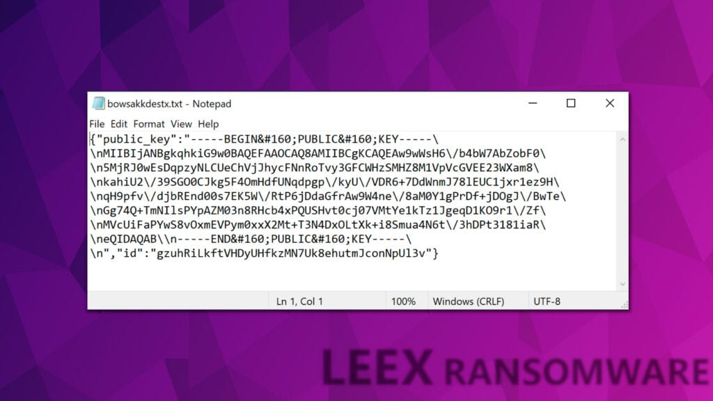 leex ransomware saves public encryption key and victim id in the compromised PC