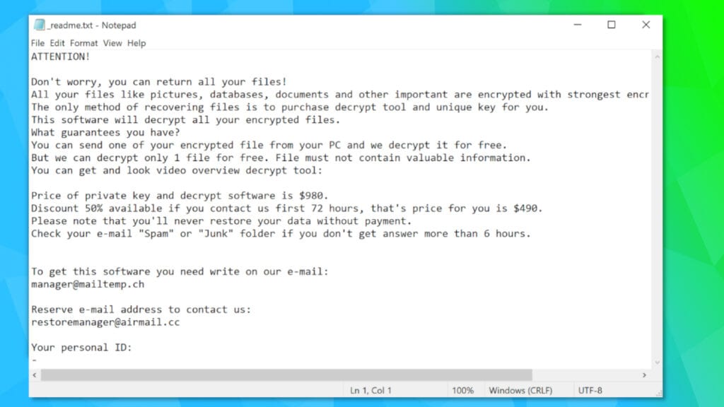 _readme.txt file dropped by LSSR ransomware demands money for file decryption