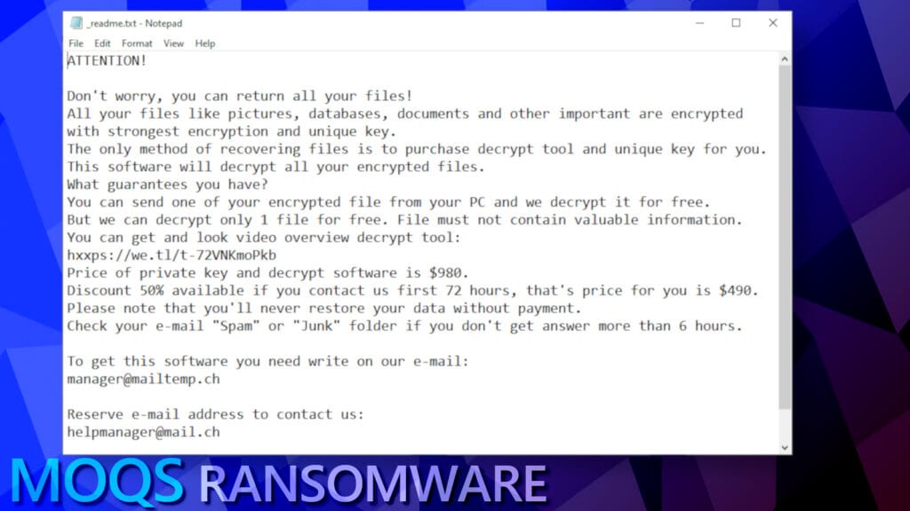 _readme.txt file contains a message from MOQS ransomware virus operators