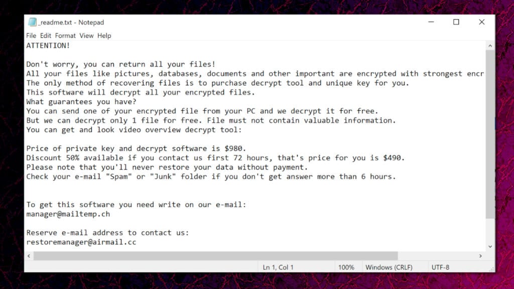 neer ransomware virus drops _readme.txt note which explains that the victim has to pay a ransom for file decryption tools