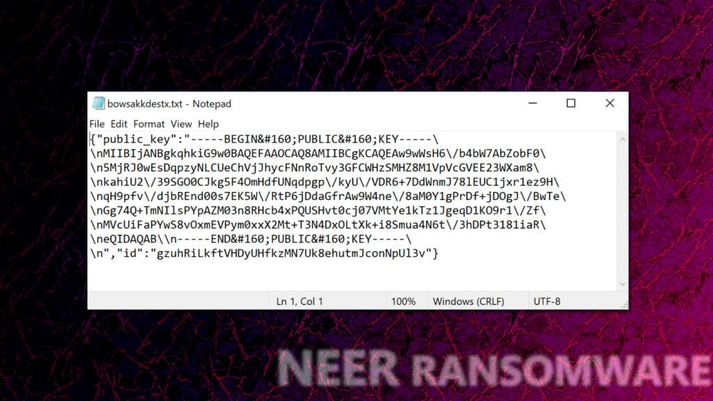 neer ransomware saves public encryption key and victims id in separate file