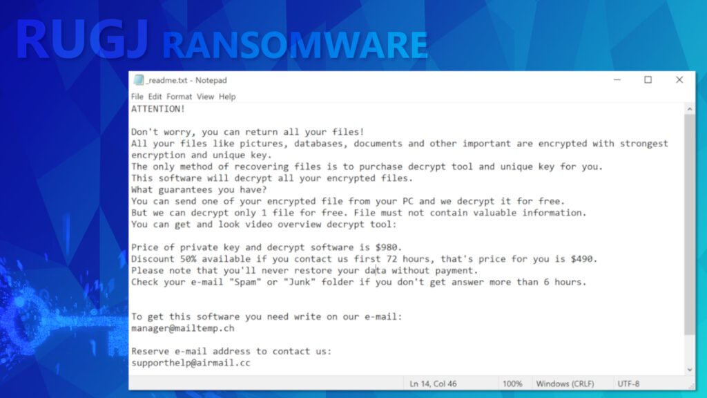 screenshot of _readme.txt note dropped by RUGJ ransomware virus