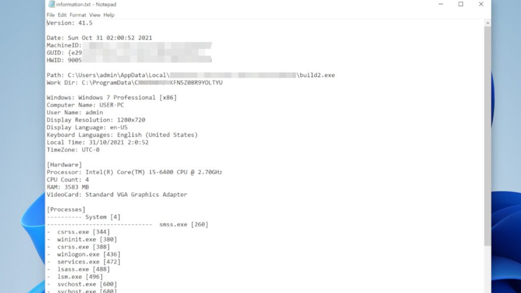 futm ransomware saves information about computer's hardware, software and active processes to another text file