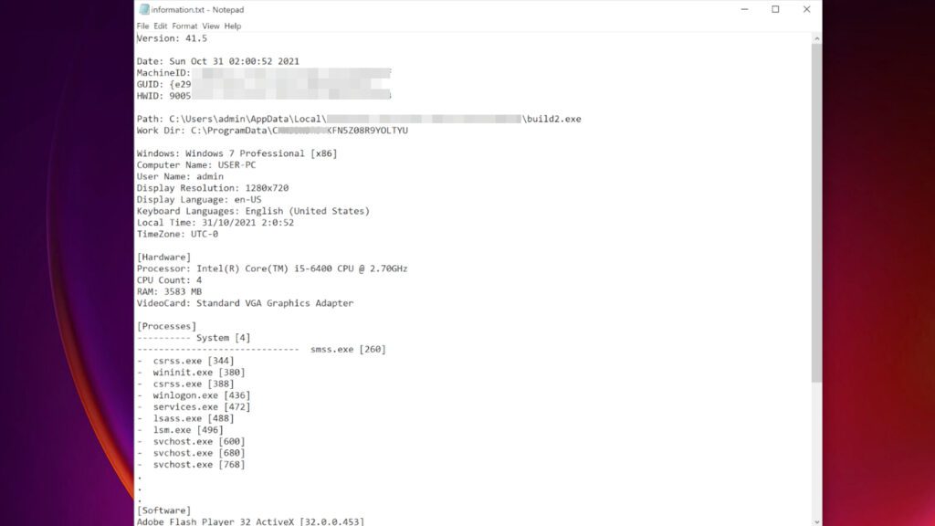 ROBM ransomware creates information.txt file containing computer's hardware and software details