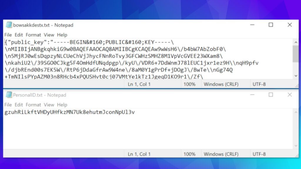 screenshot of files dropped by IRFK ransomware that contain the encryption key and personal ID string