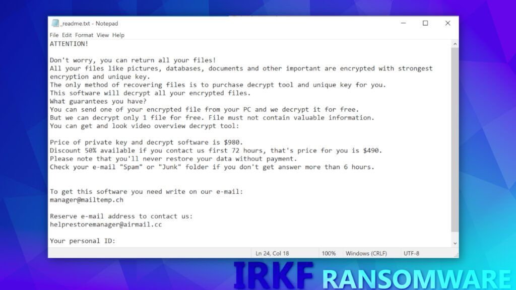 contents of _readme.txt ransom note left by IRKF ransomware virus