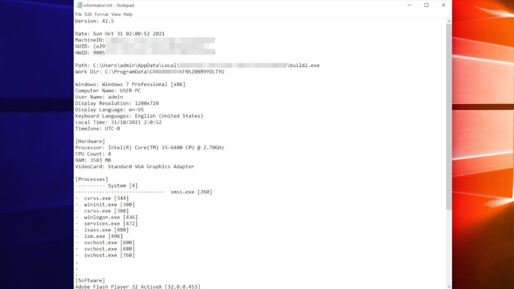 information.txt file created by HUDF ransomware virus holds various details about the compromised system