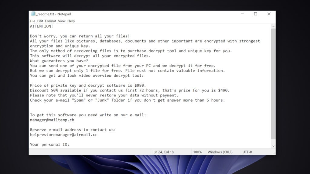 contents of the _readme.txt ransom note created by MLJX virus