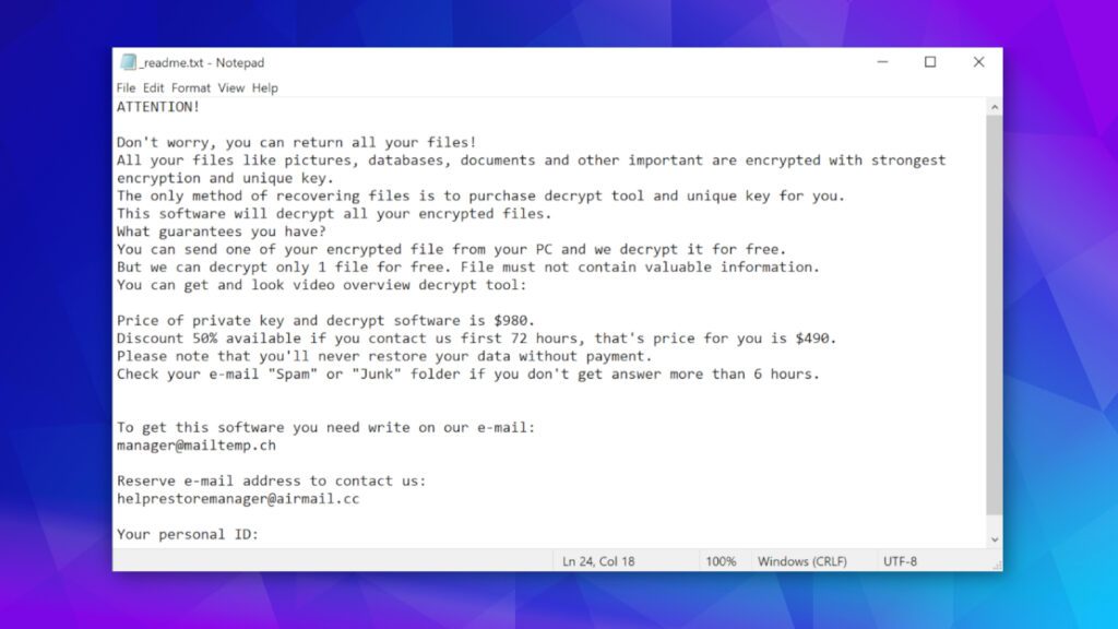 screenshot of _readme.txt ransom-demanding note dropped by MIIA ransomware virus