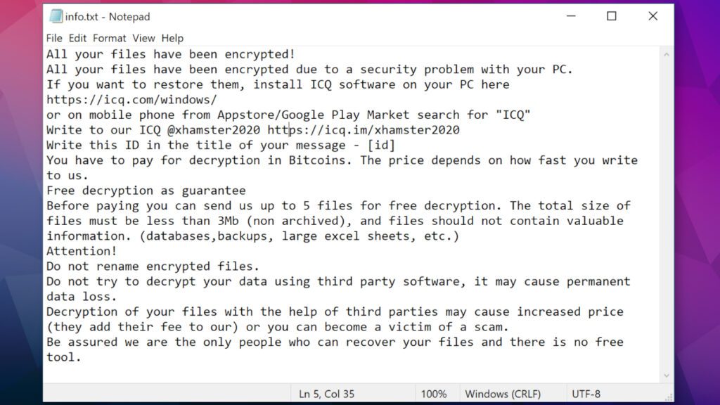 ransom note dropped by XHAMSTER ransomware is called info.txt