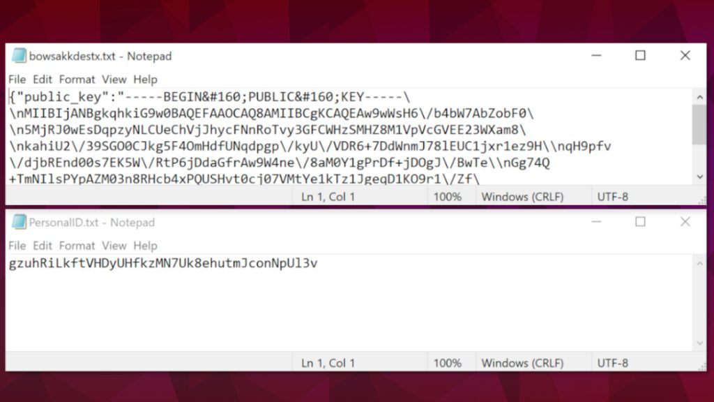 encryption key and victim's ID examples assigned by TUID ransomware virus
