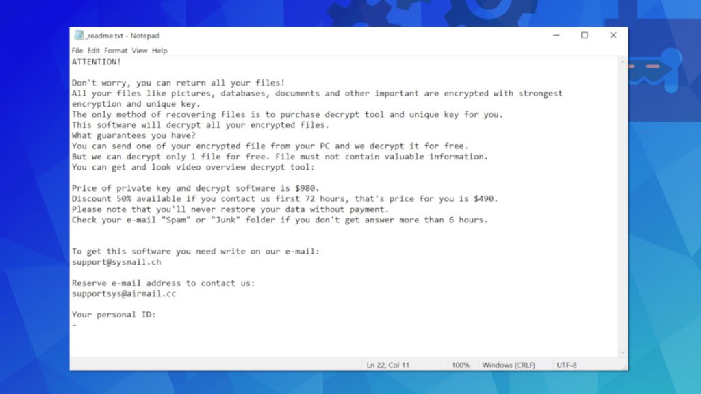 _readme.txt note used by QALL ransomware virus to explain the motive behind the cyberattack