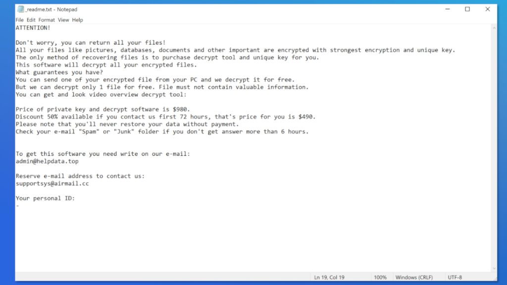 _readme.txt ransom note dropped by NNUZ ransomware informs about the cyberattack and price of the decryption tool