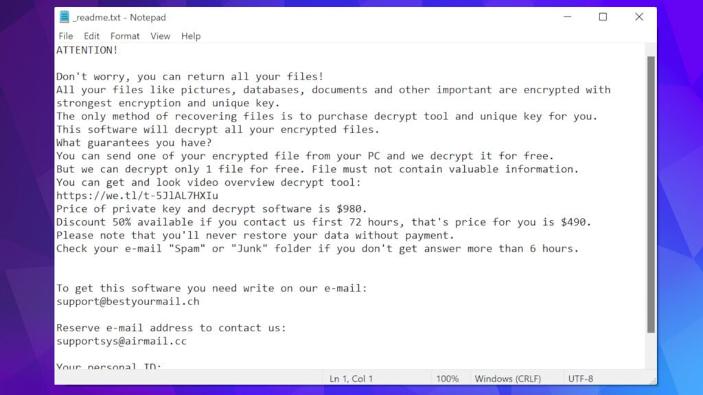 _readme.txt ransom note created by LLQQ ransomware