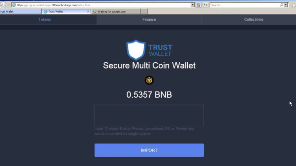 first example of Trust Wallet Scam (phishing website asks for recovery phrase linked with user's wallet)