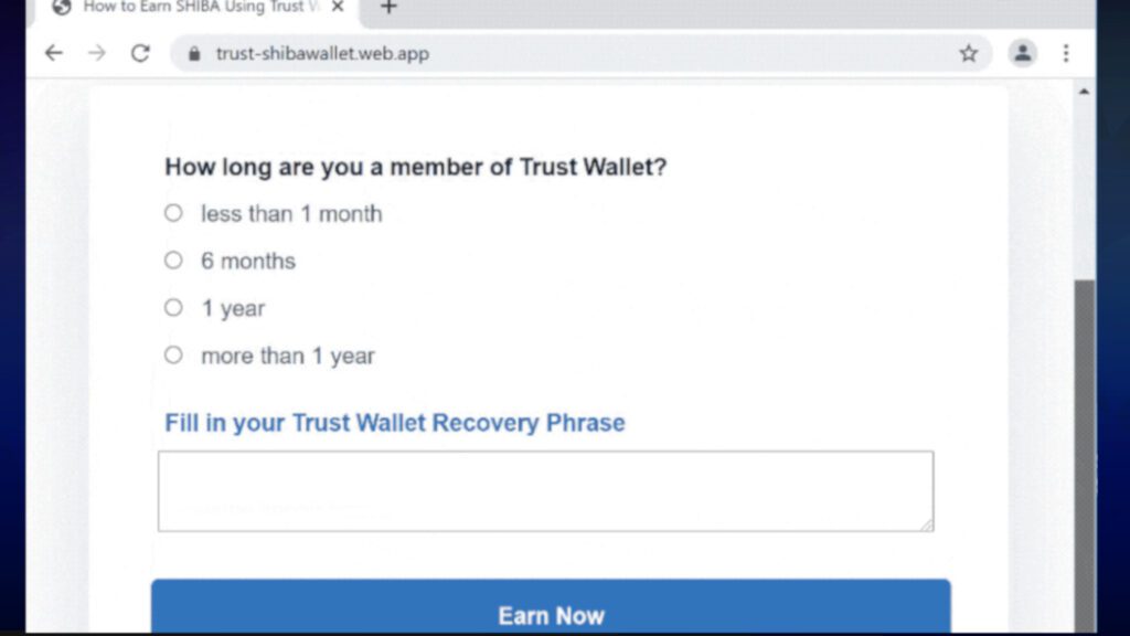 Trust Wallet Crypto Scam claims the user can earn Shiba Inu (SHIB) coins for free